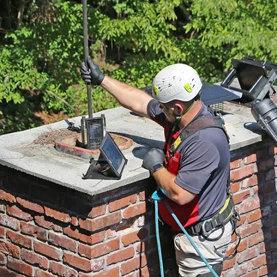 Chimney technician using diagnostic equipment at the top of a masonry chimney