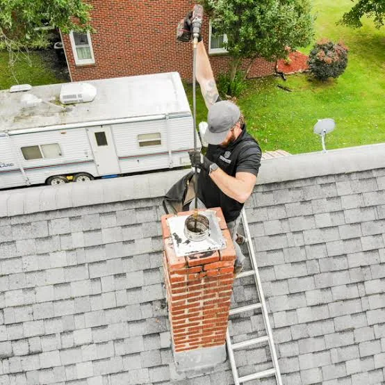 Technician servicing a residential chimney flue from the rooftop