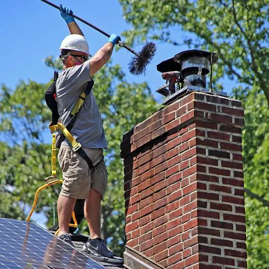 Chimney technician working safely beside a residential brick chimney